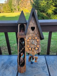 Wooden Gnome Cuckoo Wall Clock Hand Carved Figures Swing Tower Heart Cutout Quartz
