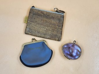 3pc Vintage Coin Purse Lot - Genuine Leather A Corticeira Portugal Cork Agate Shell Pouch Key Ring