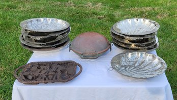 Vintage Cast Iron Holiday Cookie Pan, Portuguese Copper Cataplana & Clamshell Molds Lot