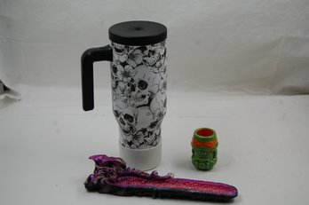 Hydrapeak 40 Oz Skull Floral Tumbler With Dragon Incense Burner And TMNT Michelangelo Mini Tiki Shot Glass Lot
