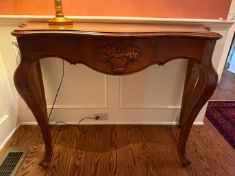 Beautiful French Country Style Wood Demilune With Floral Carved Accent And Cabriole Legs
