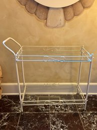 Vintage White Metal And Glass Two Tiered Rolling Bar Or Tea Cart