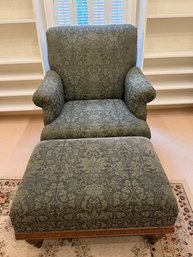 Pretty Classic Upholstered Armchair With A Matching Ottoman Featuring A Dark Green Damask Pattern (1 Of 2)