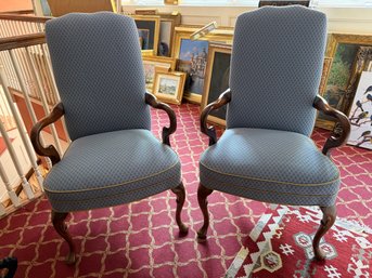 Pair Of Beautiful Traditional Queen Anne Style High Back Armchairs In Blue