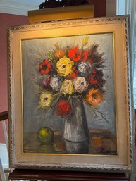 Signed Bodner Original Vibrant Floral In Vase With Green Apple