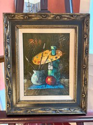 Mid-century Modern Still Life Painting Featuring Bottles, Paint Palette And Red Fruit Signed Minot