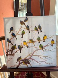 Pretty Canvas Painting Featuring A Flock Of Small, Colorful Birds On Branches