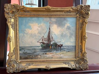 Framed And Signed Original Oil Painting Of Coastal Scene With Fishing Boat And Horses In Water