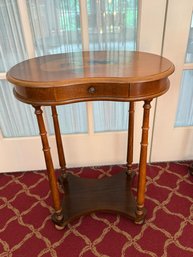 Pretty Kidney-shaped Wood Side Table With Floral Inlay, Single Drawer, Turned Legs And Lower Shelf
