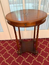 Stunning Antique Wood Accent Table With Floral Marquetry Inlay And One Drawer