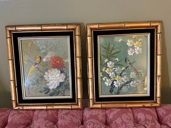 Pair Of Vintage Asian Bird-and-flower Watercolor Paintings On Cork Paper Set In Gold Toned Faux Bamboo Frames