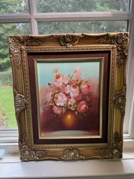 Signed Original Vintage Still-life Oil Painting Of A Bouquet Of Pink Roses