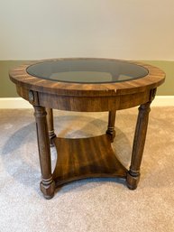 Great Vintage Round Wooden Side Table With Smoked Glass Inset