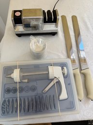 Cookie Press Kit, Cake Knife And Spreader And Electric Knife Sharpener