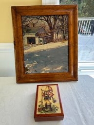 Vintage Wooden Music Box With Hummel Style Artwork And Beautiful Impressionistic Winter Landscape Painting