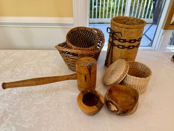 Antique Primitive Wooden Mallet And Baskets And Bowls