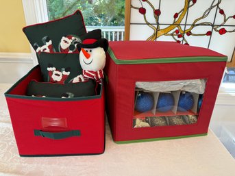 Holiday Collection Of Items Including Pillows, Snowman And A Box Full Of Ornaments, Ribbon And More!
