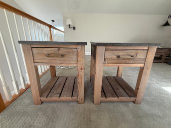 Gorgeous Pottery BarnHeavy Stone Top Reclaimed Wood End Tables With Drawers- Pair