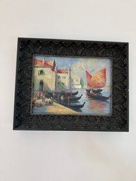 Vintage Framed Oil Painting On Canvas Depicting A Harbor Scene