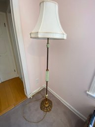 Beautiful Vintage 1920s Art Deco Floor Lamp Featuring A Brass And Iron Structure With Green Glass Elements