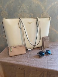 Kate Spade Large Bleecker Tote In Cream Leather With Wallet, Card Holder And Sunglasses