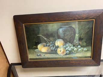 Vintage Framed Still Life Painting Of A Dark Brown Vase And Fruit