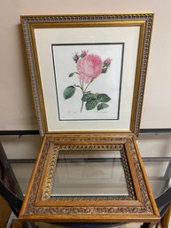 Beautiful Framed Botanical Print Of A Pink Rose By Artist Pierre-Joseph Redout And Additional Gold Frame