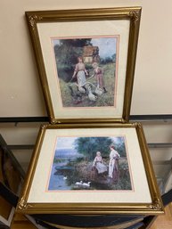 Pretty Framed Pair Of Prints Of The Painting Girls Herding Geese By Henry John Yeend King