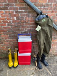 Olive Green Orvis Fishing Waders, Fishing Rod & Reel Combo, Two Coolers & Comfit-Wear Yellow Rubber Slush Boot