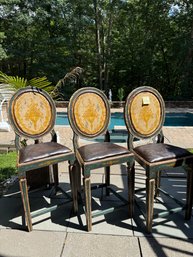 Special Find! Antique Handpainted Distressed Barstools With Amazing Embossed Leather Seats.
