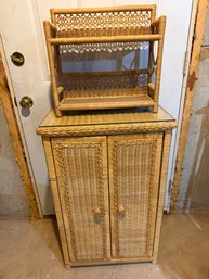 Vintage Wicker And Rattan Cabinet With Separate Shelf Unit
