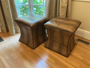 Gorgeous Pair Of Bernhardt Alligator-style Leather Ottomans