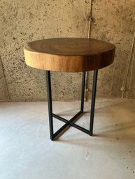 Round Natural Wood Side Table With Black Metal Base
