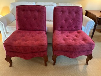 Pretty Pair Of Cranberry Colored Leaf Pattern Occasional Chairs