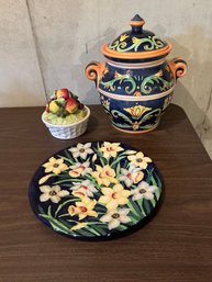 Beautiful Ceramic Pieces Including Vintage Hand Painted Ceramic Cookie Jar And Numbered Fruit Lidded Bowl