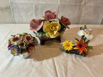 Vintage Nuova Capodimonte Porcelain Floral Sculpture Along With Two Other Floral Pieces