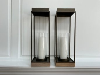 Pair Of Wood, Metal And Glass Candle Holders