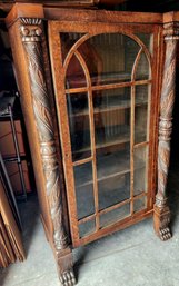 Antique Tiger Oak China Cabinet With Carved Figures And Leaded Glass Door