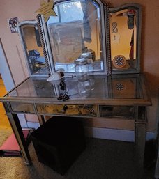 Mirrored Vanity Set With Tri-fold Mirror And Matching Stool