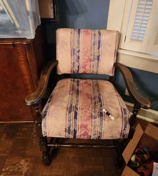 Jacobean Revival Style Carved Wood Armchair With Upholstered Seat And Back