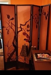 Four-panel Folding Room Divider Screen With Floral Branch Motif On Translucent Orange Panels With Dark Wood Fr