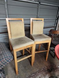 Set Of 2 Mid-century Modern Upholstered Bar Stool With Light Wood Frame