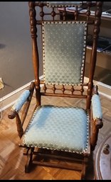 Victorian Eastlake-style Walnut Platform Rocking Chair With Upholstered Seat And Back