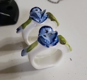 Porcelain Napkin Rings With Hand-painted Blue Flowers And Green Leaves