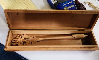 Hand-carved Wooden Inkwell Pen With Edelweiss Design And Stanhope Viewer, Brgenstock Souvenir