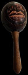 Hand-carved Wooden Maraca With Painted Tropical Scene