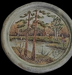 Domed Glass Landscape Picture Depicting An Autumn Pond Scene