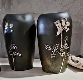 Pair Of Bronze Vases With Silver Inlay Floral Decoration