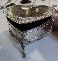 Silverplate Heart-shaped Jewelry Box With Ornate Rose Decoration And Lion's Paw Feet