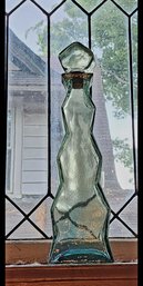 Vintage Aqua-blue Glass Decanter With Wavy Ribbed Design And Glass Stopper